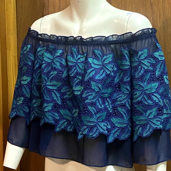 Jenn On Off Shoulder Garden Embroidered Lace Ruffle Cropped Blouse Top L 42 - Picture 2 of 12